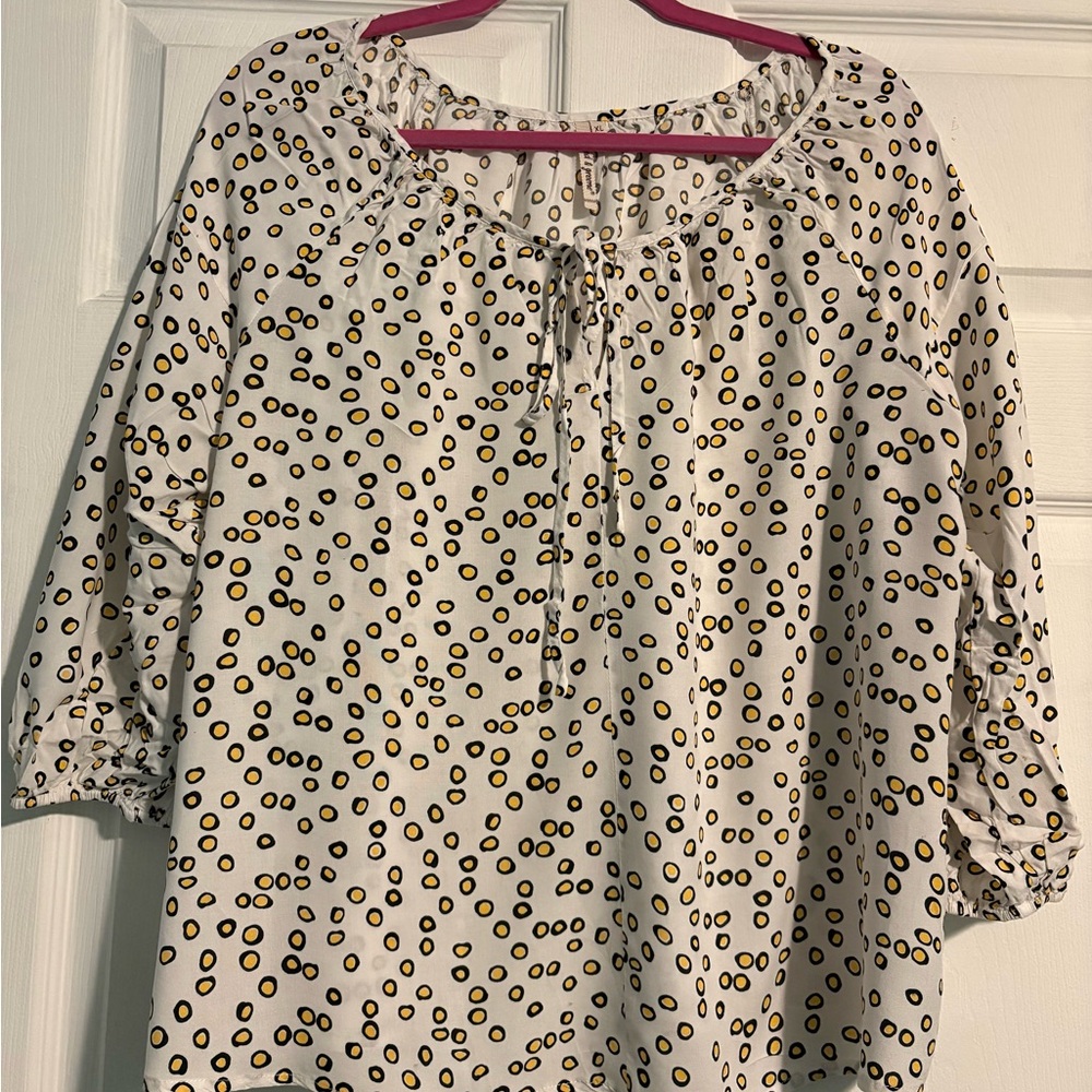 Women’s White Peasant Blouse with Yellow Dot Print